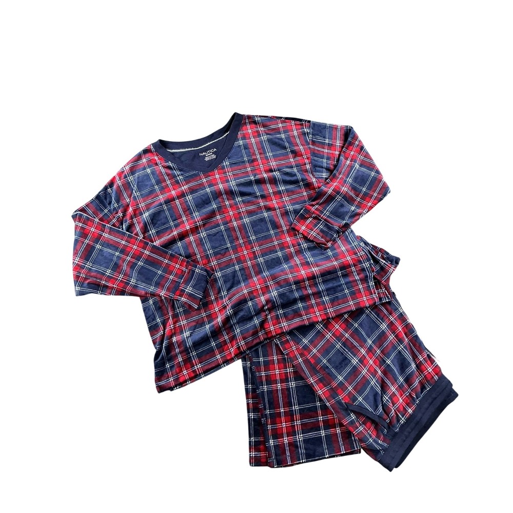 Nautica Pajama Set XL Mens Navy Red Plaid V-Neck Top Drawstring Pants Sleepwear
